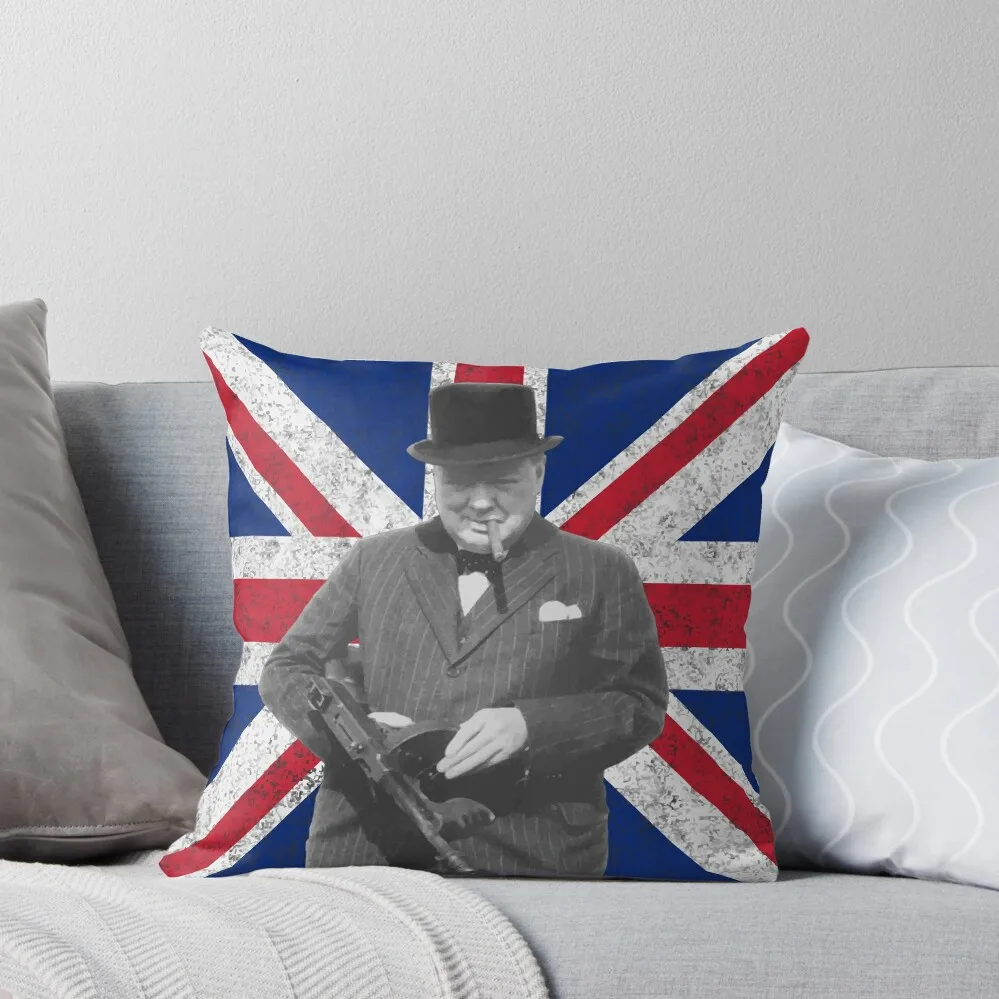 Churchill posando con una pistola Tommy, almohada para sofá, fundas de almohada para cama, funda de almohada, suministros navideños