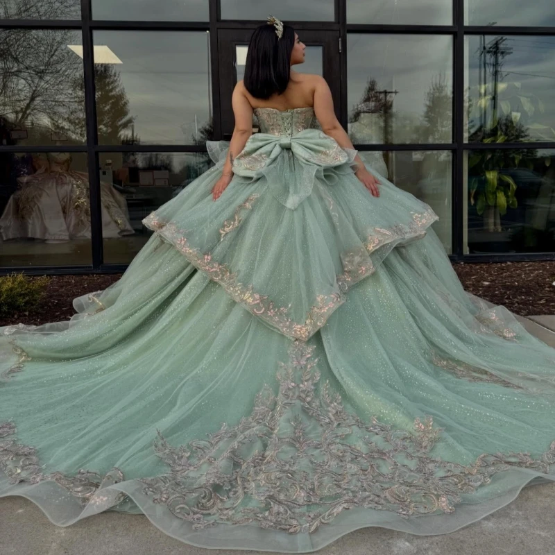 Mint Green Shiny Quinceanera Dresses Ball Gown Off The Shoulder Gold Applique Lace Beading Crystal Bow Corset Tull Party Birthda