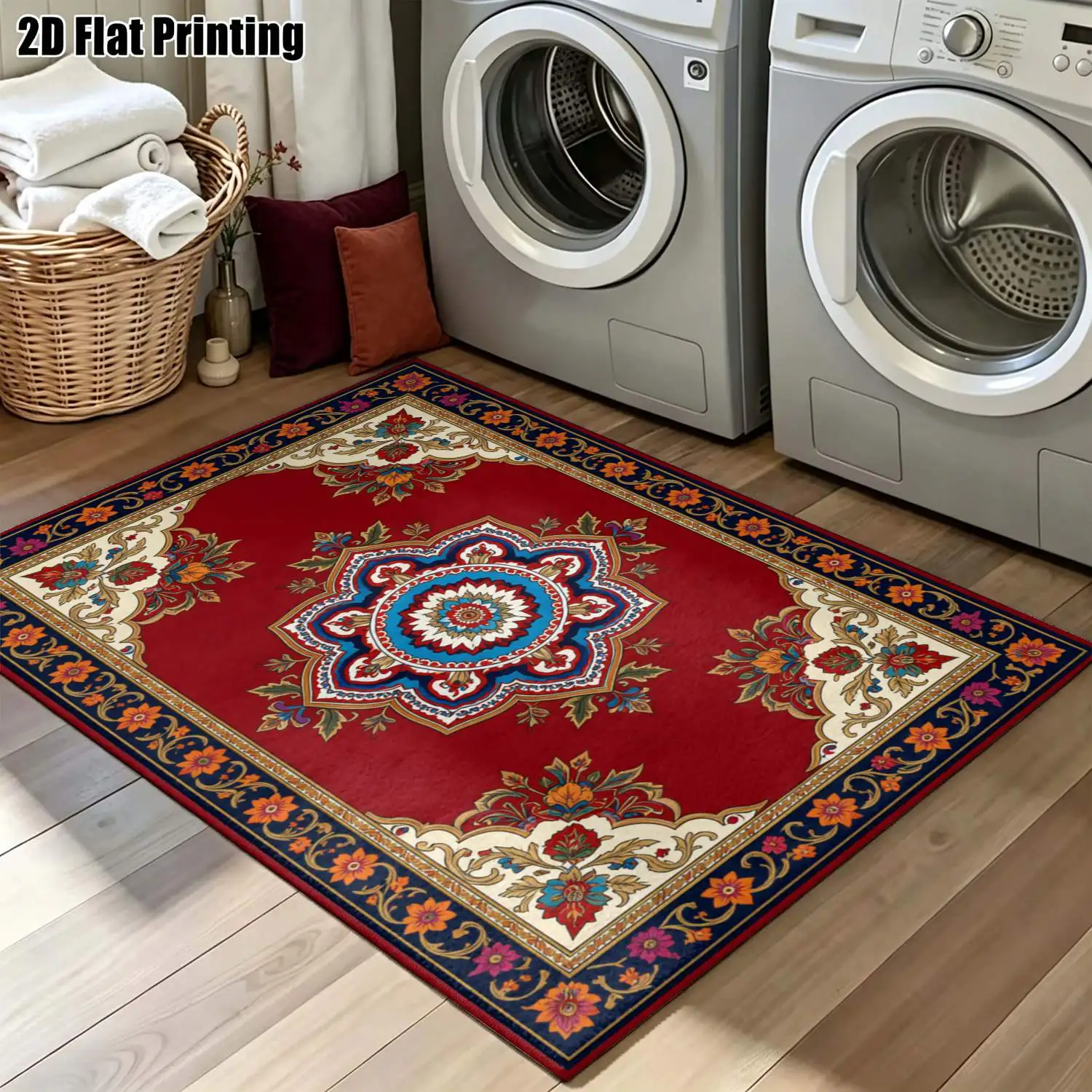 1Pc 2D Printed Gray-Blue Retro Ethnic Carpet, European/Bohemian Style, Home Decor, Multi-Size, Machine Washable, Multi-Scene Use