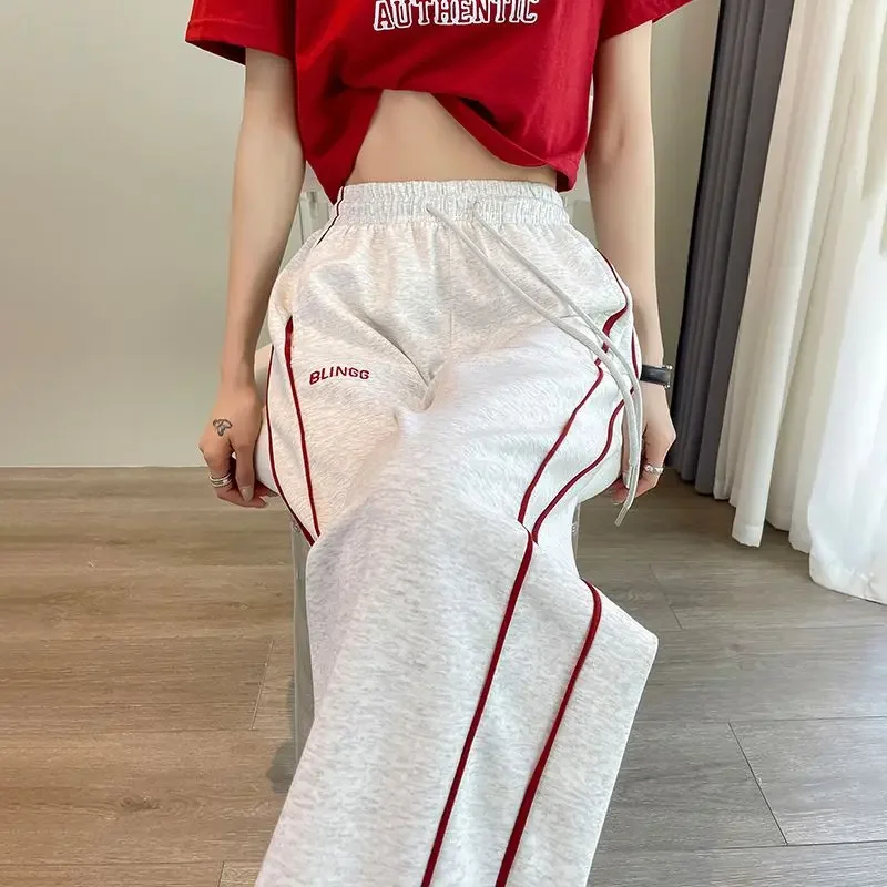 

Casual Sports Pants Femme Autumn New All-match Loose High Waist Straight Simplicity Shirring Pocket Loose Elastic Waist Trousers