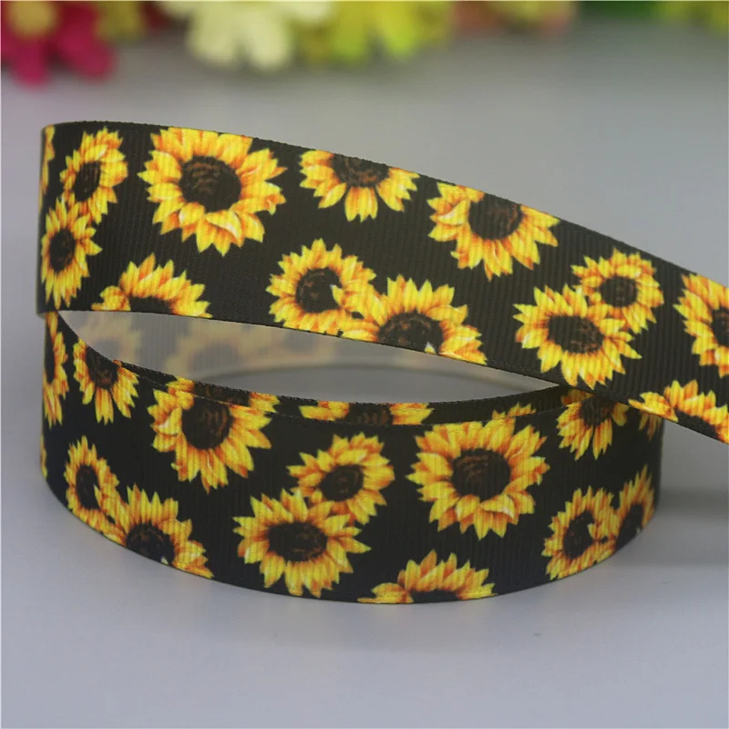 DHK 7/8\'\' 5yards Flower Sunflower Printed Grosgrain Ribbon Accessories Material Headwear Decoration DIY Sewing Craft C2057