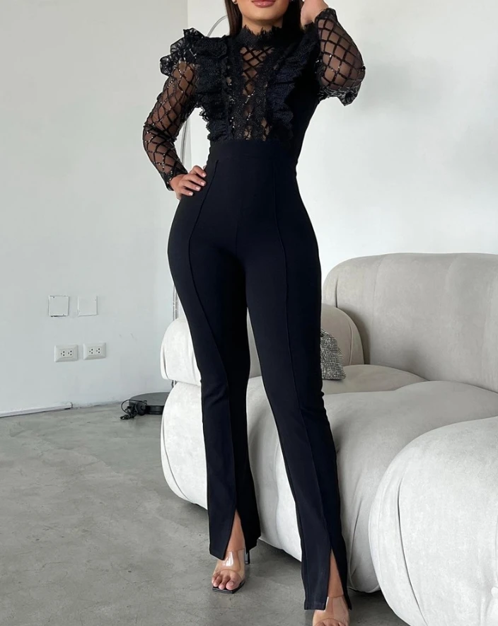 Spring New Women's Elegant Mesh See Through Long Sleeved Contrasting Lace Sequins Casual Slim Fit Jumpsuit In Stock