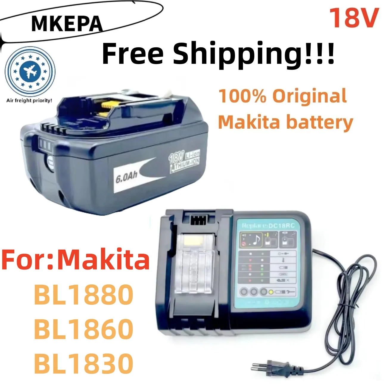 

100% original Makita battery, 18V 6.0Ah rechargeable battery, suitable for Makita BL1880 BL1860 BL1830 battery. charger