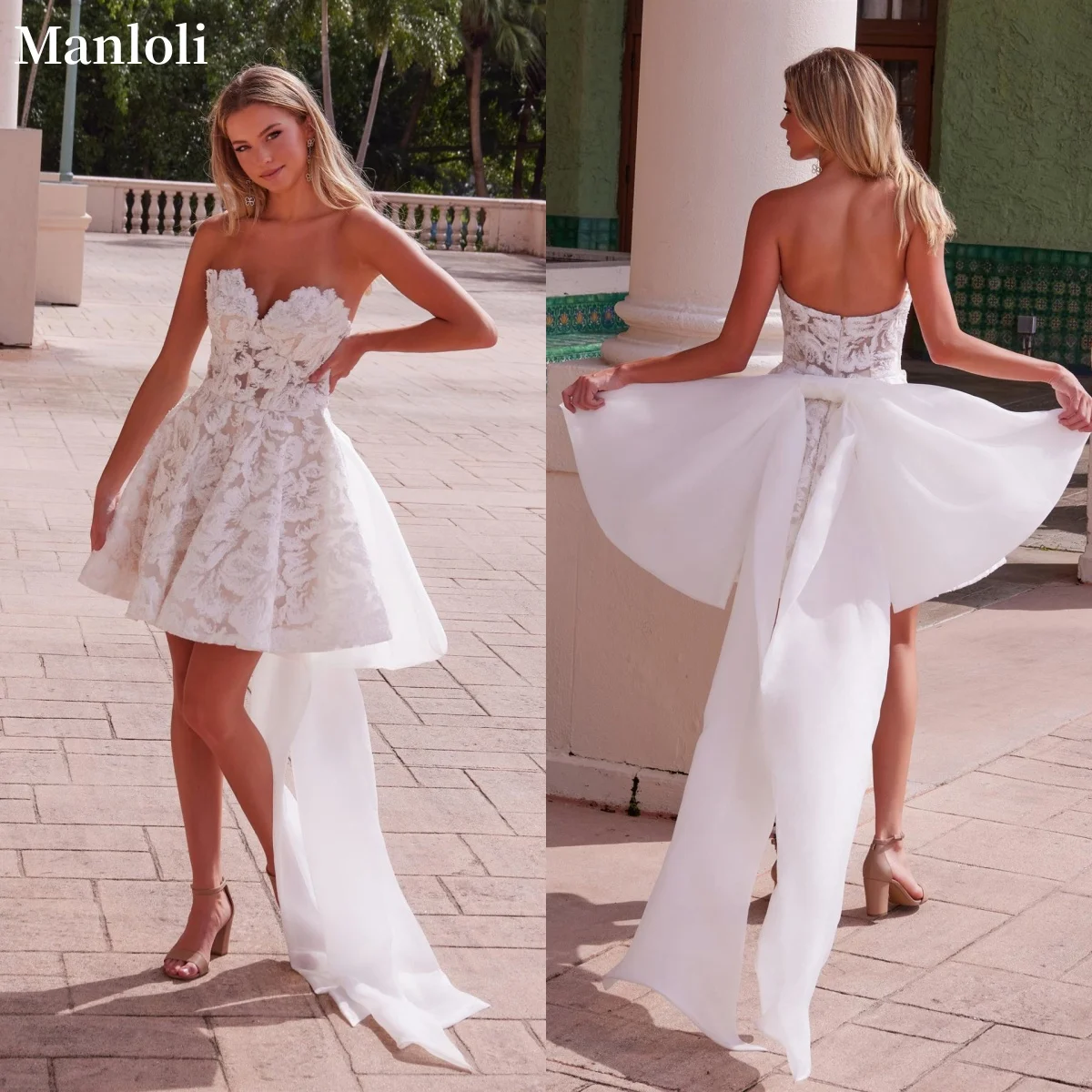 

Elegant Strapless Mini Wedding Dress Lace Decals High And Low Hem Detachable Bow Trailing Romantic Bride Dress Customization