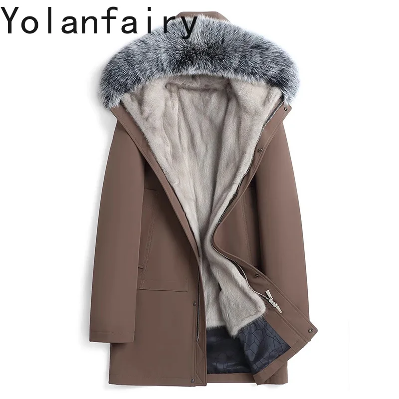 

YOLANFAIRY Natural Fur Parka Men's Winter Detachable Whole Mink Liner Real Fur Coat Man Hood Fox Fur Collar Mid-long Warm Parkas