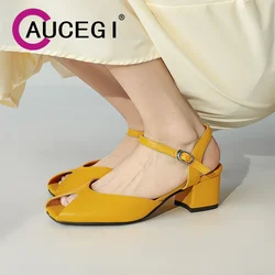 Auregi vera pelle argento pesce punta quadrata cinturino alla caviglia sandali tacco spesso Outdoor Casual donna vestito pendolare scarpe fatte a mano