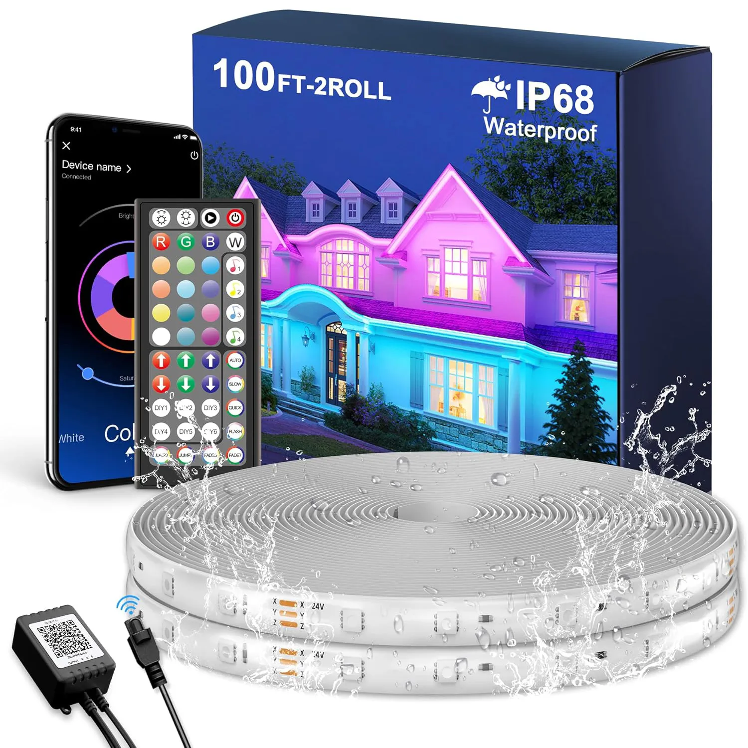 Bande lumineuse LED d'extérieur intelligente, étanche IP68, avec application et télécommande, synchronisation de la musique, lampe à corde Flexible RGB pour Patio, avant-toit