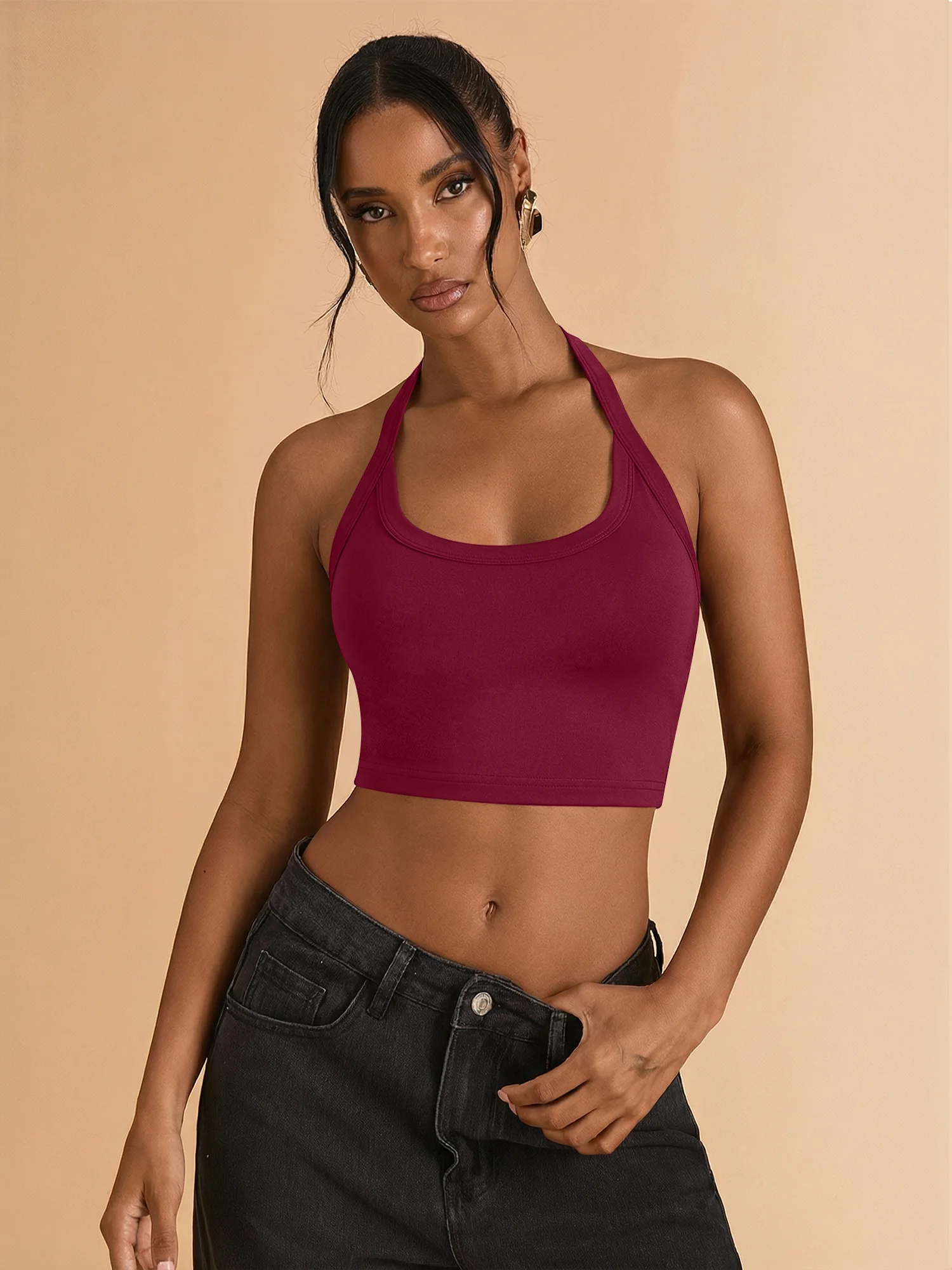 Summer Women Sleeveless Halter Crop Tank Top U‑Neck Solid Backless Cami Vest Slim Clubwear Y2K Street Style Tops