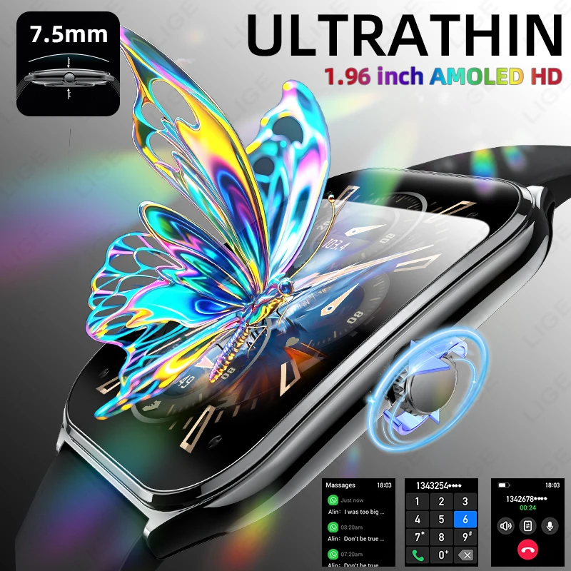 LIGE New Ultra Thin Smart Watch Men 1.96" AMOLED 368*448 Display Always Show Time Bluetooth Call Smartwatch Lady For Android ios