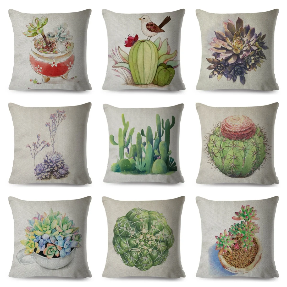 1pc Watercolor Succulent Cactus Pillow Cover, Polyester 2D Double-Sided Print, Green Plant Floral Cushion Case, Decorative Throw