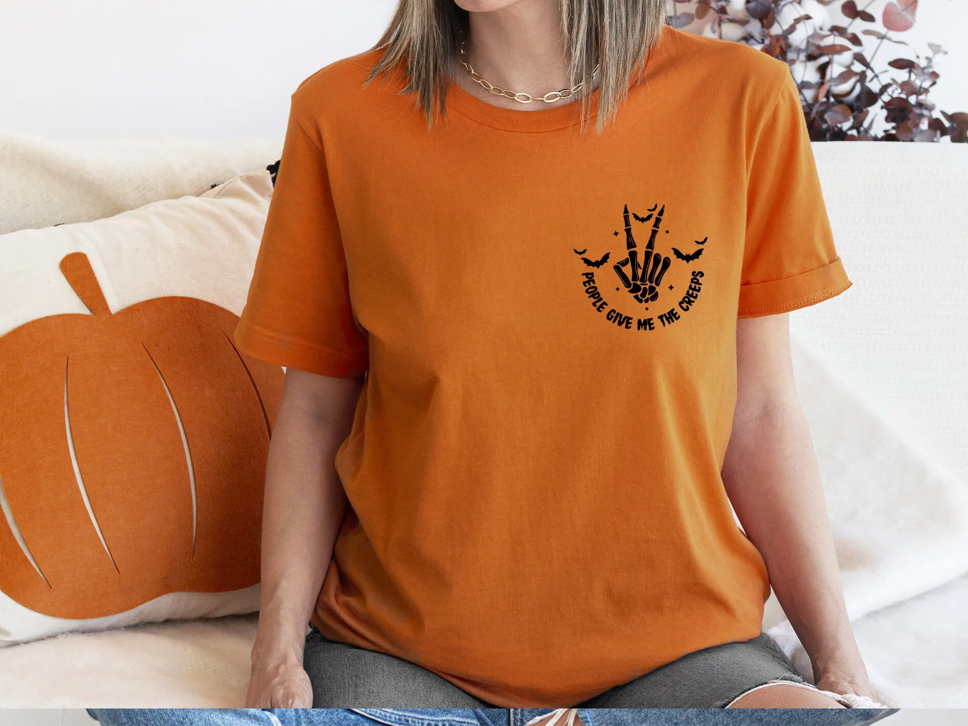 

Skeleton Pocket Hand T Shirt People Give Me The Creeps Halloween Spooky Season Witch Vibes Youth