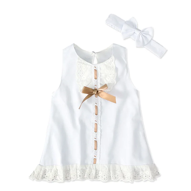 Summer Fashion Baby Newborn Sleeveless Solid Color O-neck Dress Baby Girl Birthday Dress White Dress Princess Dress with Bowtie