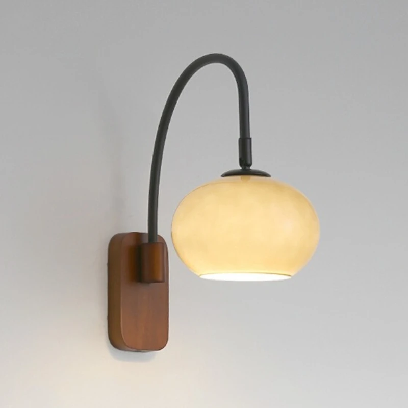 Nordic French Retro Solid Wood Glass Wall Lamp E27 LED Ideal for Bedroom Living Room Corridor Home Decorative Lighting Fixture