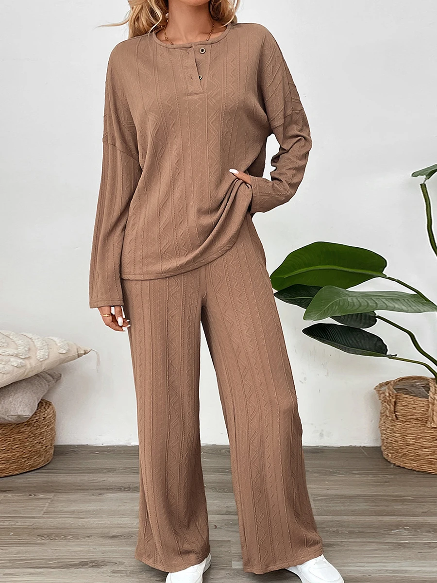 Dames herfstloungewear-set effen kleur tops met lange mouwen en losse lange broek nachtkleding