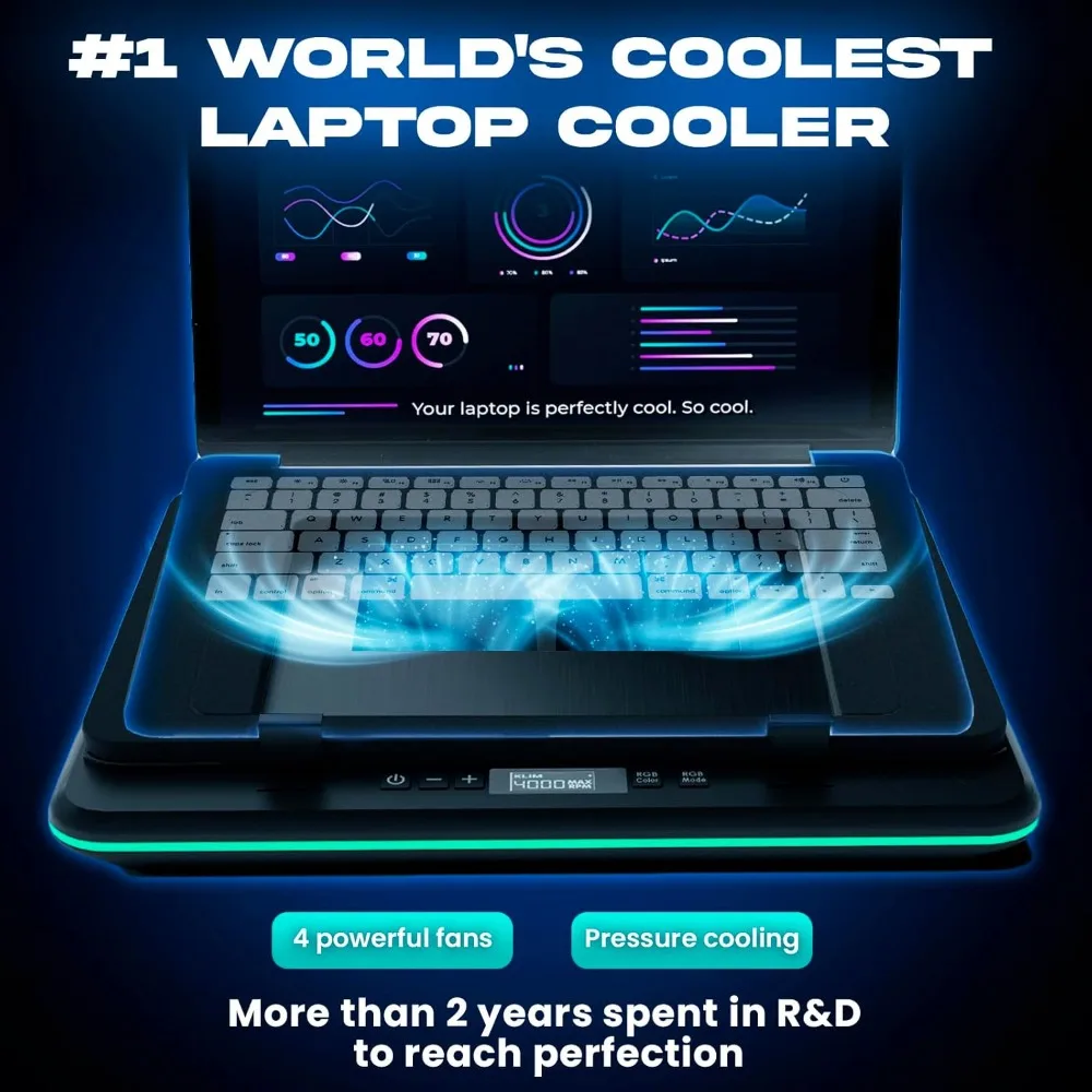 

Охлаждающая подставка для игрового ноутбука Turbofrost — 4 мощных турбовентилятора — динамический RGB, 4 порта USB, кулер для ноутбука, 2 режима питания — черный