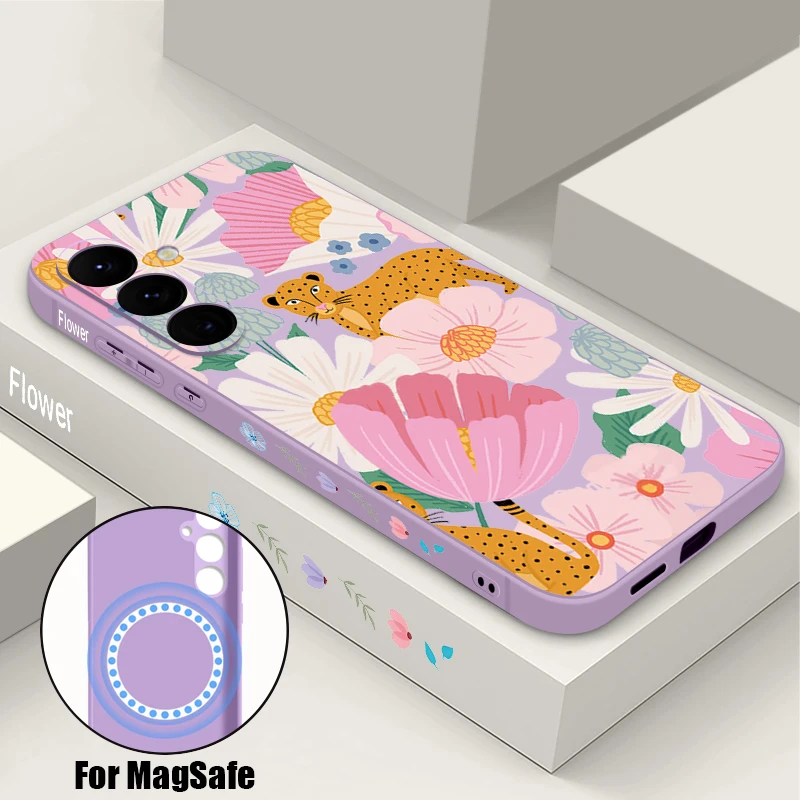 Magnetic Phone Case For Samsung Galaxy S26 S25 S24 Ultra S23 S24 S25 FE S22 For Magsafe Cartoon Floral Pattern TPU Back Cover
