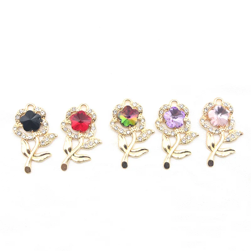 2 Pieces/batch of 15*26MM  Alloy Rhinestone Rose Pendant Handmade Necklace Earrings DIY Material Jewelry Accessories Materials