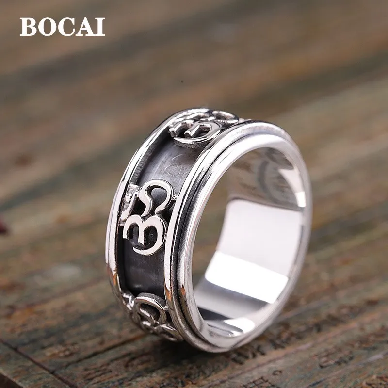 BOCAI 100% Real s925 Silver Vintage Thai Buddhist Sanskrit Turning Good Luck Trendy Wide Fashion Men's Ring