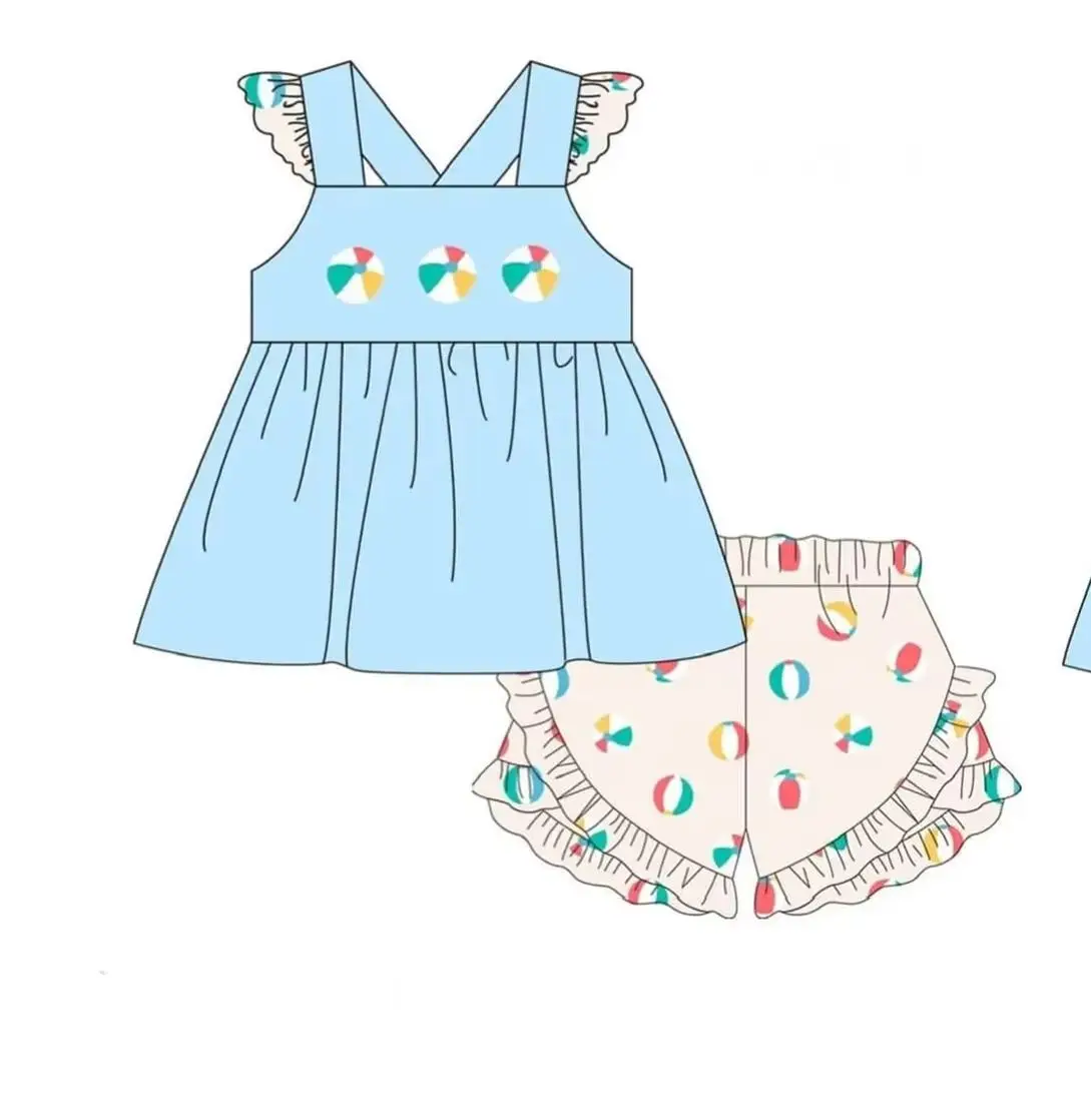 Toddler Kids Beach Ball Outfit Blue Tee Dress Bloomers Cute Summer Baby Girl Boy Vacation Clothes Set - view 2