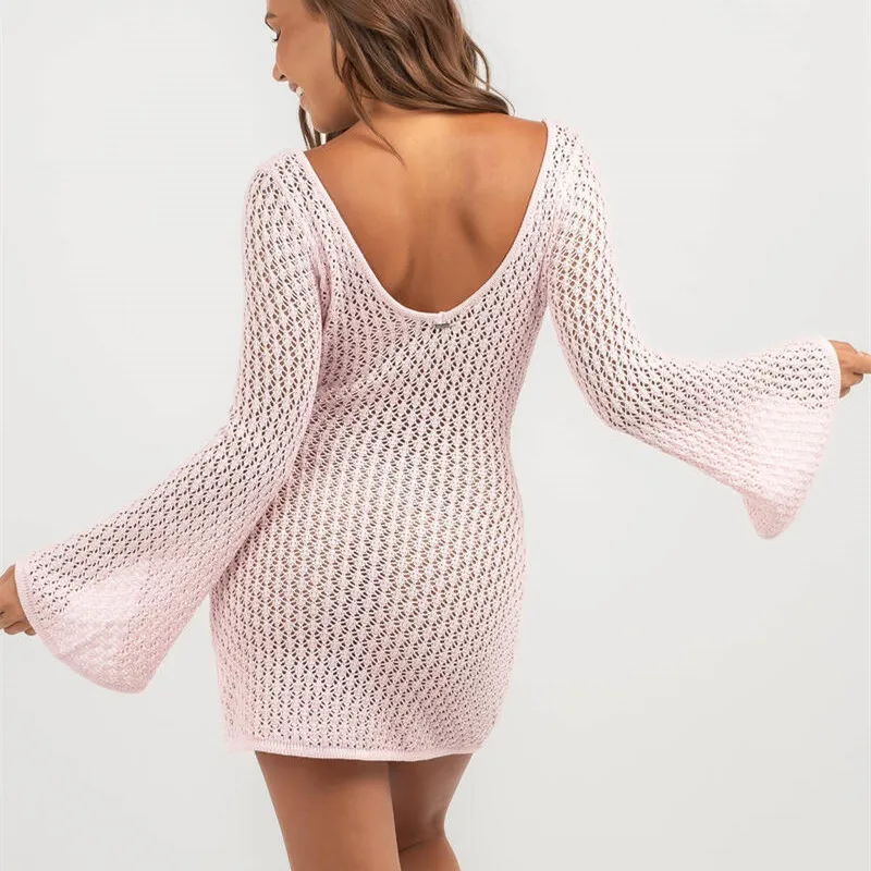 hirigin Women Crochet Cover Up Dress Summer Long Sleeve Hollow Out Knit Mini Dress Sexy V Neck Backless Swimsuit Beach Dress