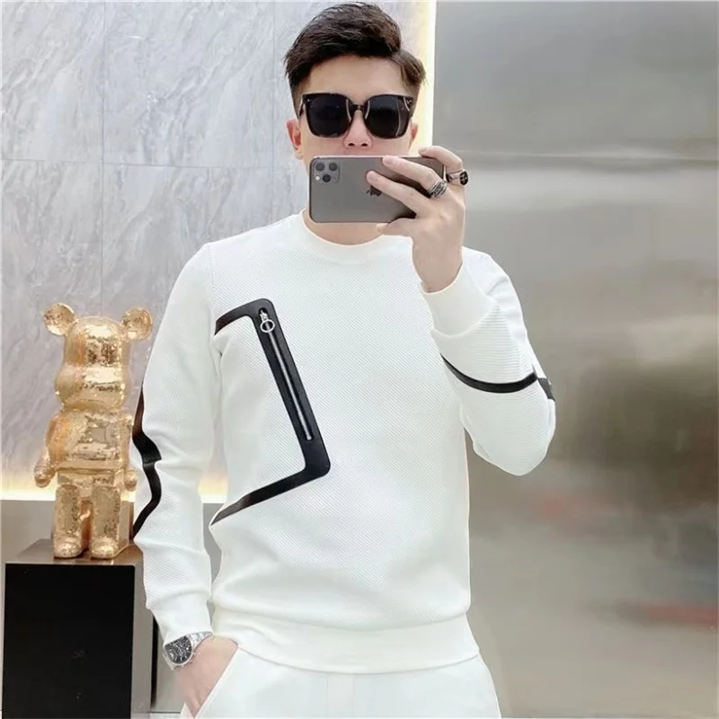 Autumn New Men's O-Neck Sweatshirts Zipper design Contrast Color Fashion Casual Long Sleeve T-shirt  Tops Male Clothes