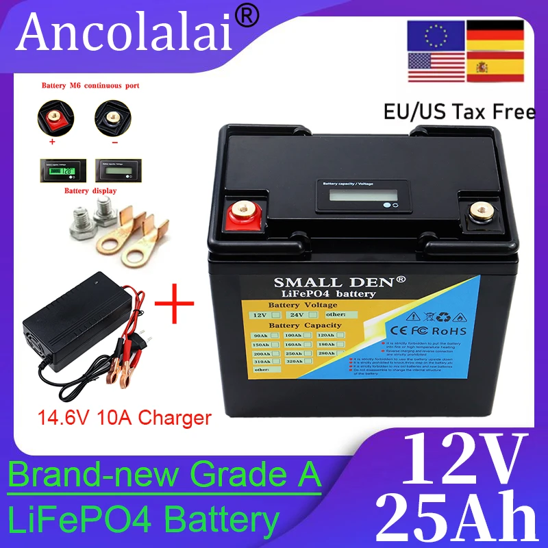 

12V 25Ah 4000 cycle Lifepo4 battery with built-in balanced BMS suitable for golf cart solar and wind energy batteries+10Acharger