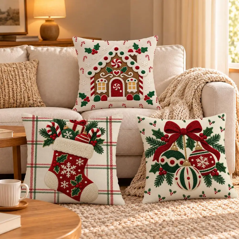 Tuft-Style Gingham Christmas Tree Motif Cushion Cover Soft Short‑Plush Pillowcase, Sofa Bedroom Home Decor, Holiday Gift