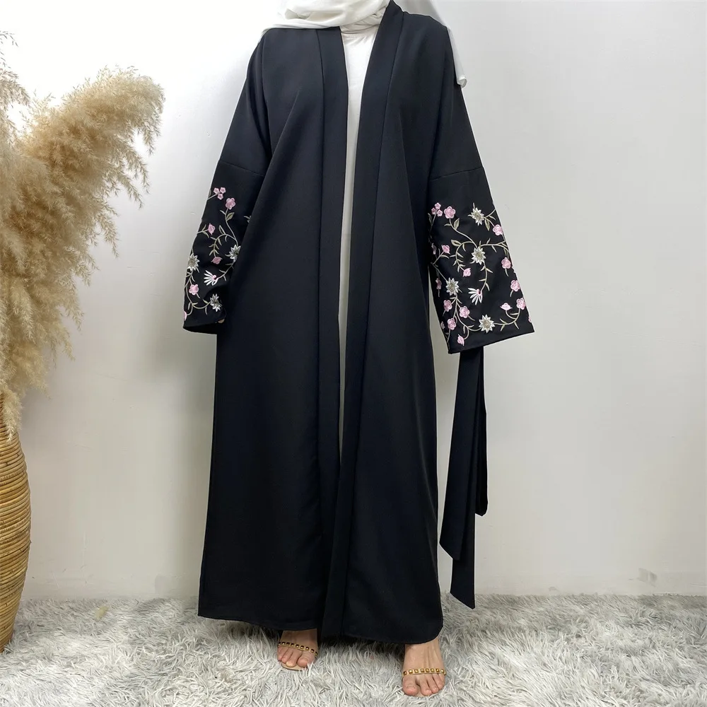 UNI Flower Embroidered Open Abaya Pockets Linen Abaya 2024 Plain Elegant Dresses Muslim Kaftan Islam Clothing for Women Kebaya