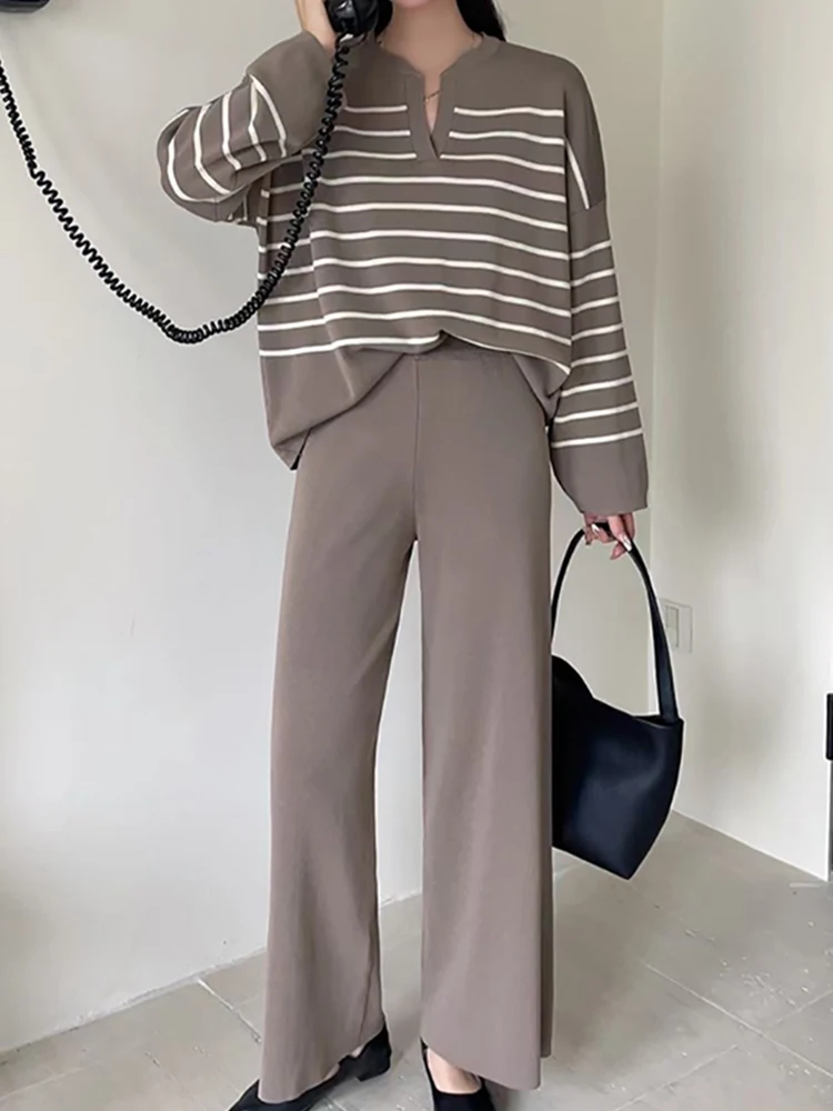 HELIAR Women Casual Knit Two Piece Set Striped Long Sleeve Loose Pullover Sweater and Pants Sets Office Women Outfit Fall Winter