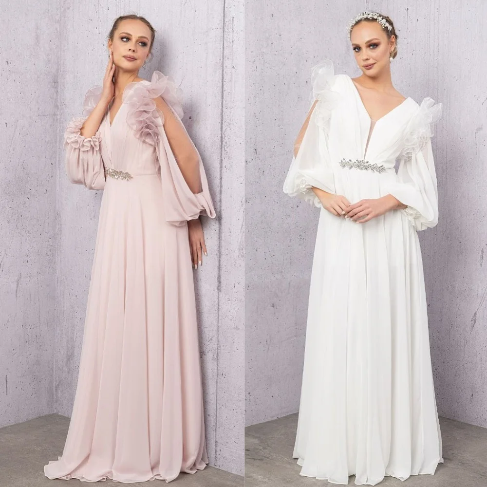 Maßgeschneiderte sexy lässige Chiffon-Strass-Schärpe, drapiert, für Hochzeit, Party, A-Linie, V-Ausschnitt, maßgeschneidertes Anlasskleid, lange Kleider