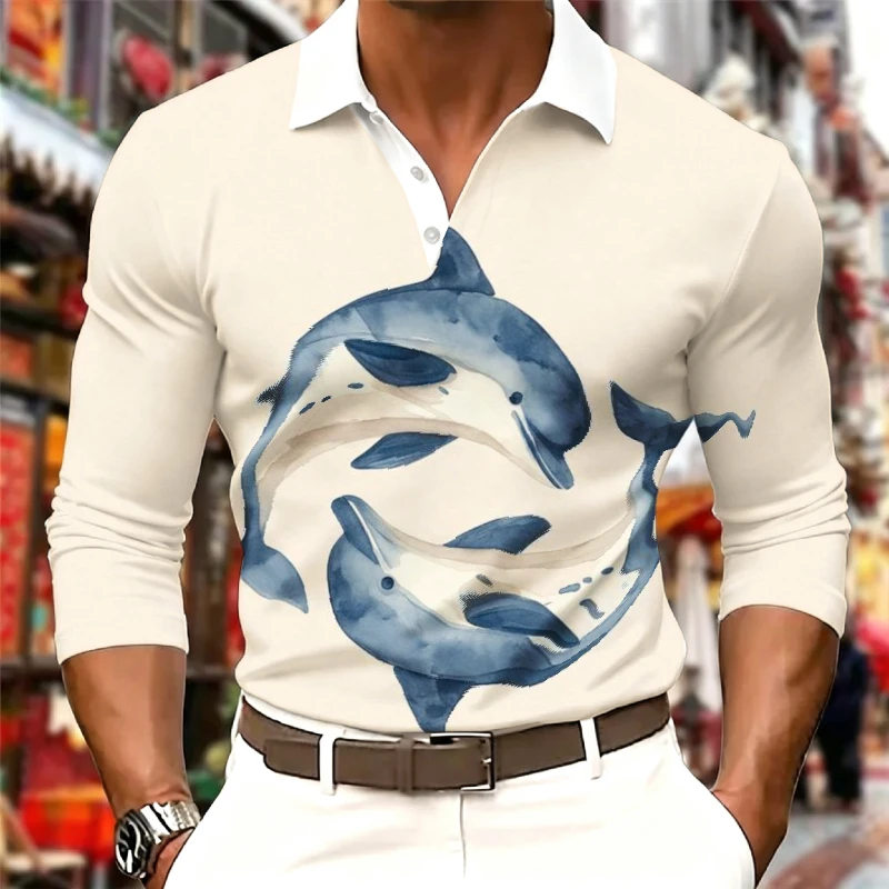 Men's Long Sleeve Polo Shirt Vintage Watercolor Dolphin Graphic Print Contrast White Collar Casual Fashion Golf Shirts Tops
