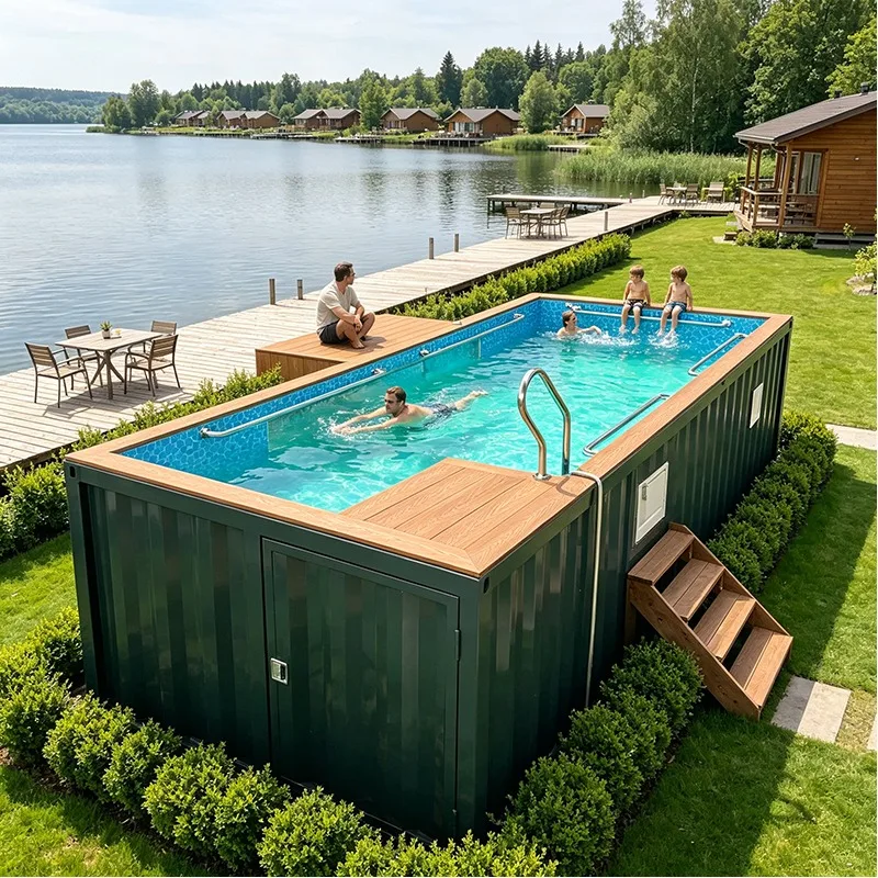 Luxury Backyard Shipping Container Swimming Pool 30FT with Wooden Deck Integrated Water Circulation System