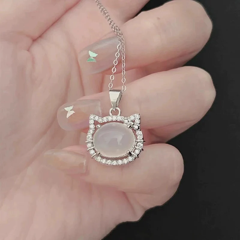 Full Zircon Cat Necklace for Women Light Luxury High Grade Jade Marrow Clavicle Chain  Fashion and Cute Cartoon Necklaces KOFSAC