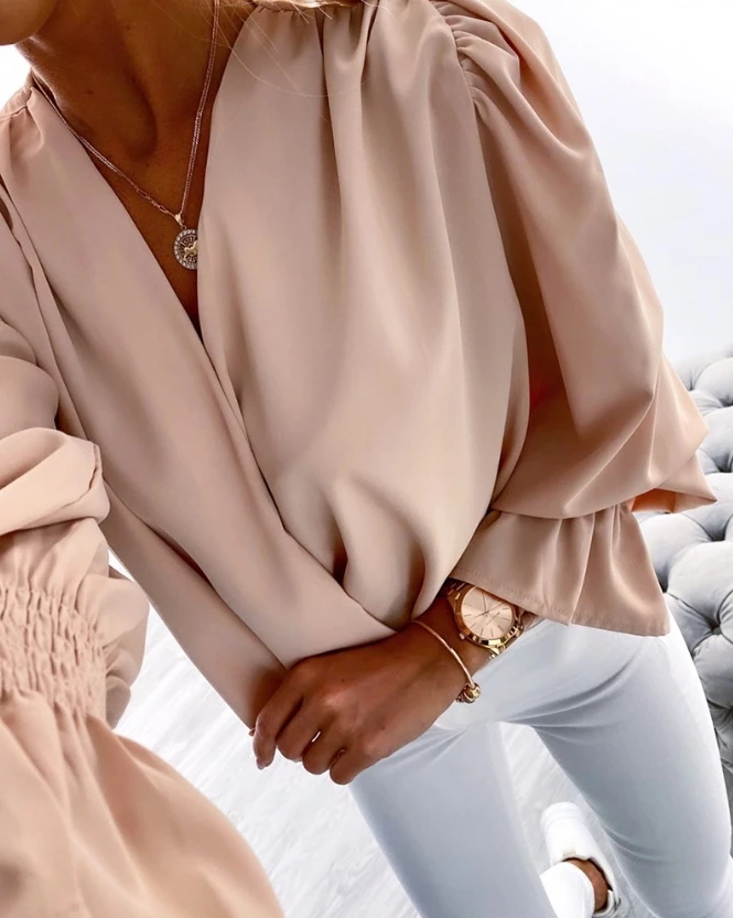 

Women Elegant Lantern Bell Sleeve Overlap Blouse Women's Casual Clothing Temperament Commuting Female Fashion V-Neck T-Shirts