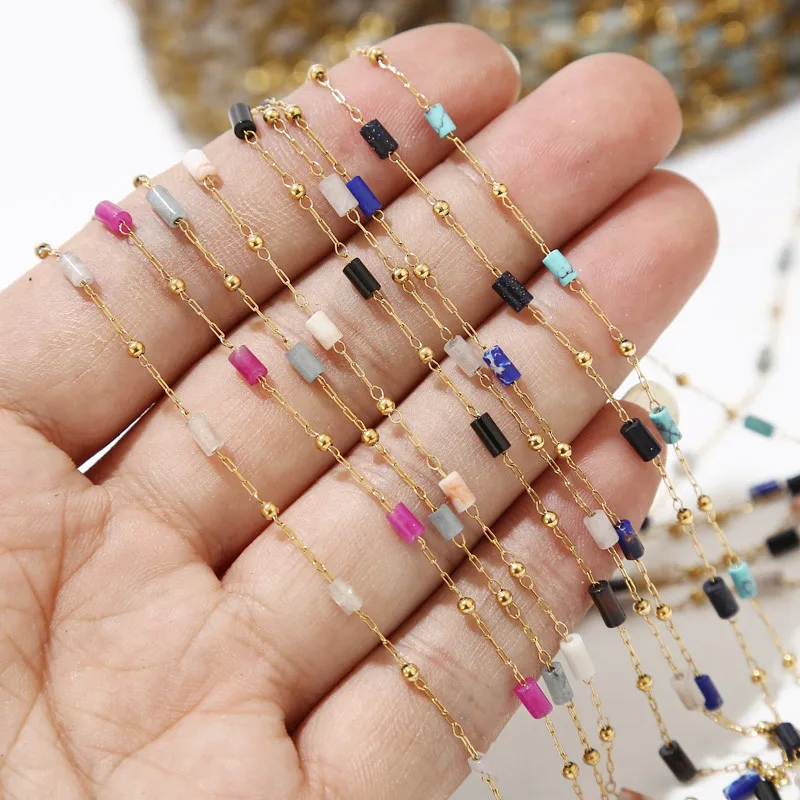 1 Meter Stainless Steel Turquoise Blue Beaded Chain Daity Tube Beads Satellite Chains for Necklace Bracelet DIY Jewelry Making