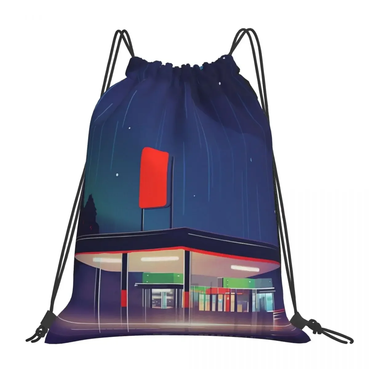 Gas Station In An Ethereal Night Backpack Portable Drawstring Bags Drawstring Bundle Pocket Sports Bag BookBag For Man Woman