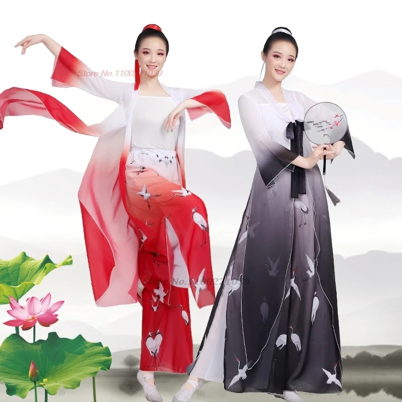 

2024 ancient chinese vintage dance dress national crane print hanfu tops+pants set festival folk dress stage performance set