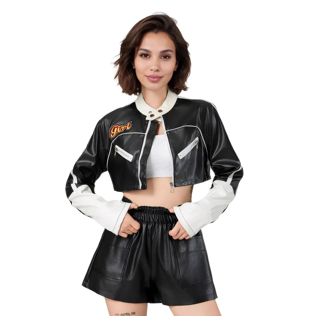 KIDCRKJ Fashion Women Motorcycle Coat Letter Print Round Neck Zipper Fly Lady Bomber Jacket Color Blocked Chic Female Outwear