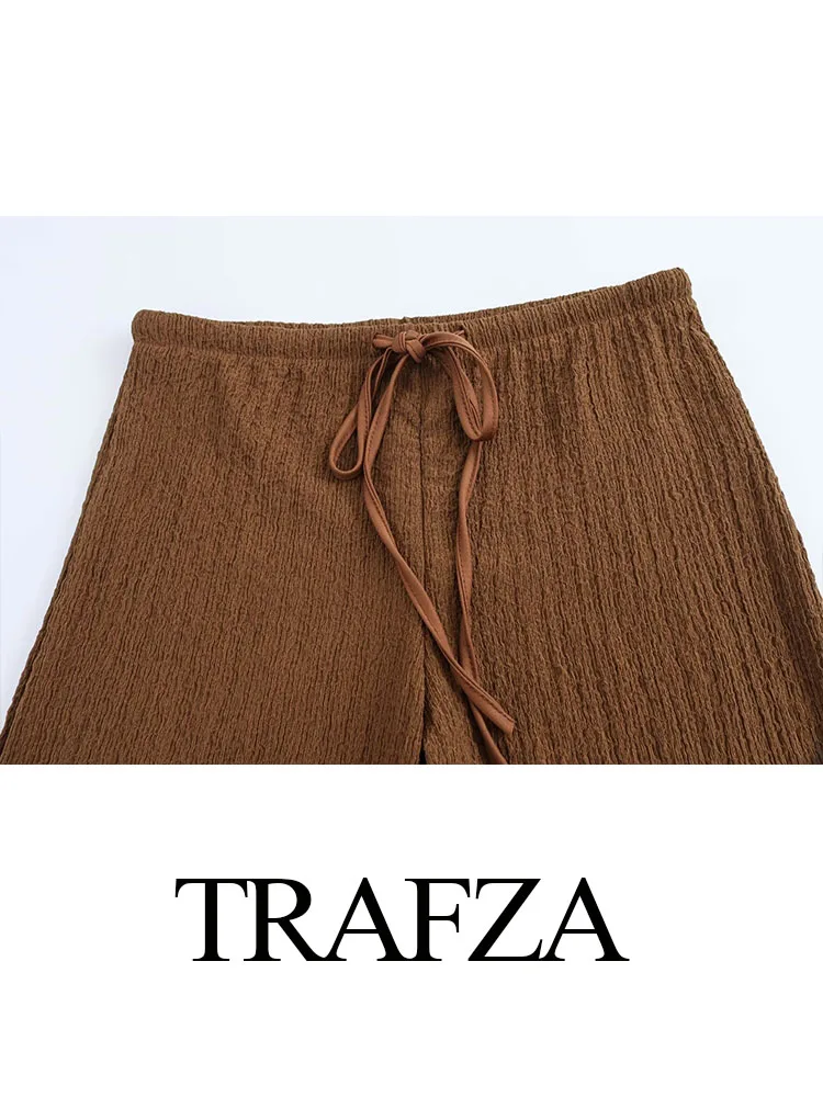 TRAFZA Women Solid Color Texture High-Waisted Straight Long Pant Woman New Fashion Drawstring Design Casual Wide Leg Pants Mujer