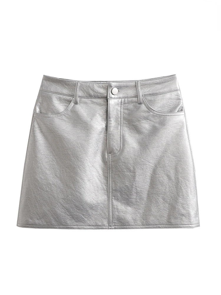 

TRAF Women Fashion Front Pockets Faux Leather Silver Mini Skirt Vintage High Waist Zipper Fly Female Skirts Mujer Casual Clothes