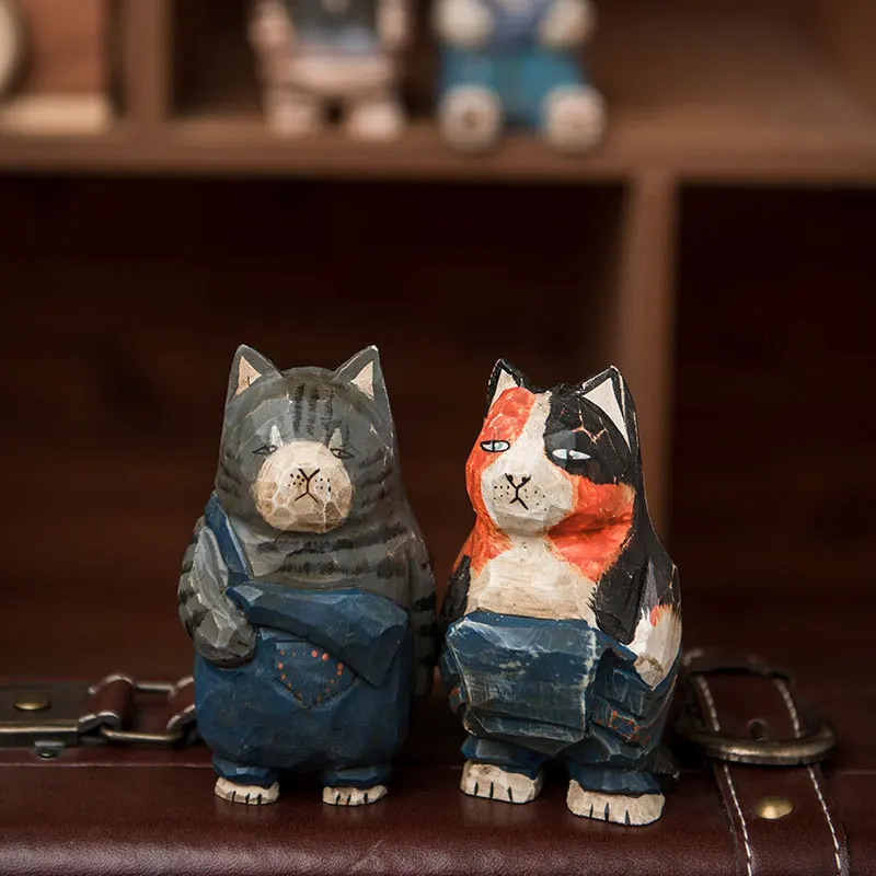 Wood Maneki Neko Figurine Hand Carved Cute Healing Mini Desktop Decor Gift For Office Home