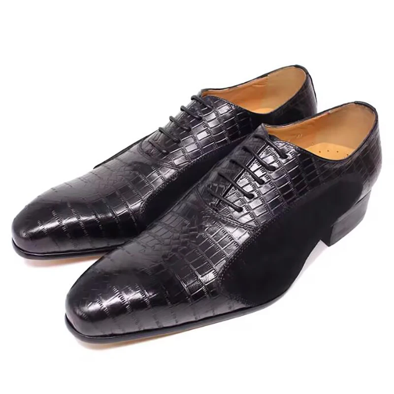 New Fashion Oxford Shoes Men Dress Shoes Lace-up Pointed Toe Office Genuine Leather Pattern Splicing  Shoes  for Men