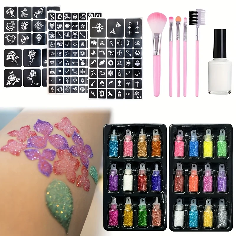 24-Color Glitter Temporary Tattoo Set,Includes Glue,Templates,Makeup Brushes,Body Make-Up Glitter Set,Stage Glitter Makeup