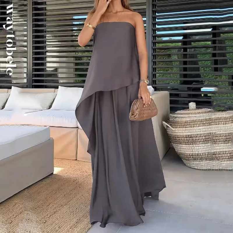 

Элегантный однотонный уличный повседневный комплект для поездок на работу, летняя мода без бретелек с открытыми плечами, нерегулярный топ, свободный комплект с длинной юбкой