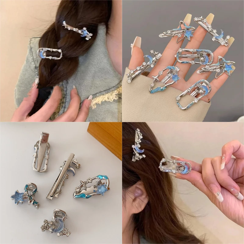 

Заколки для волос со стразами, лунная звезда Y2K, синий, серебристый цвет, сплав для девочек, циркон, звезда, зажим в виде утконоса, челка, боковые зажимы, аксессуары 집게حة
