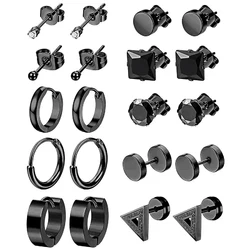 10 pairs of men's fashionable and minimalist black 2mm zircon stainless steel earring set
