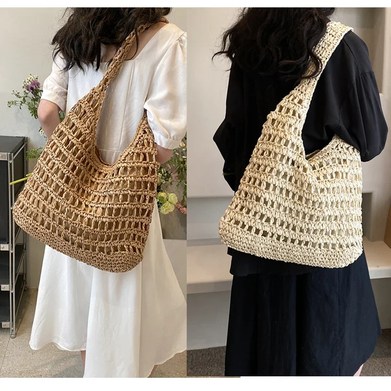 New Summer Straw Bag for Women Straw Shoulder Bags Rattan Woven Underarm Satchel Hollow Raffia Crochet Beach Bag Casual Handbags