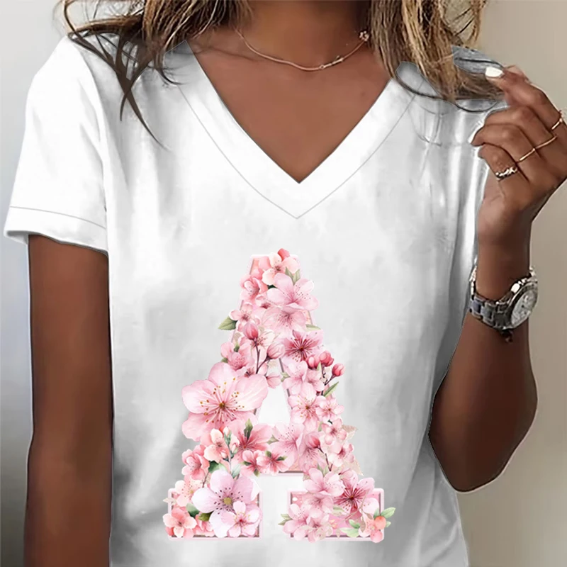Pink Sakura A-Z 26 Alphabet Shirts Gift for Women Letter B Floral Cartoon T-shirt Cherry Blossom Letters A B C D Casual Tops