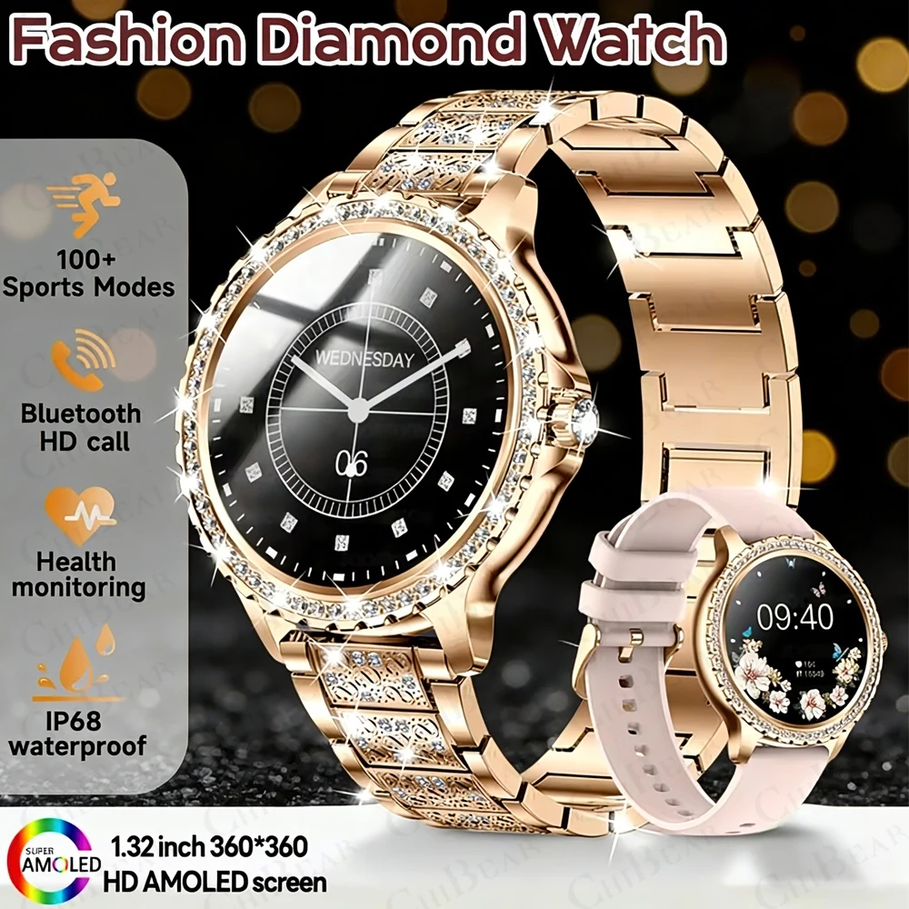 

Модные женские смарт-часы с Bluetooth-вызовами, AMOLED-экраном 1.32" 360*360 HD, для спорта и фитнеса, с бриллиантовым ремешком, новинка 2026 года