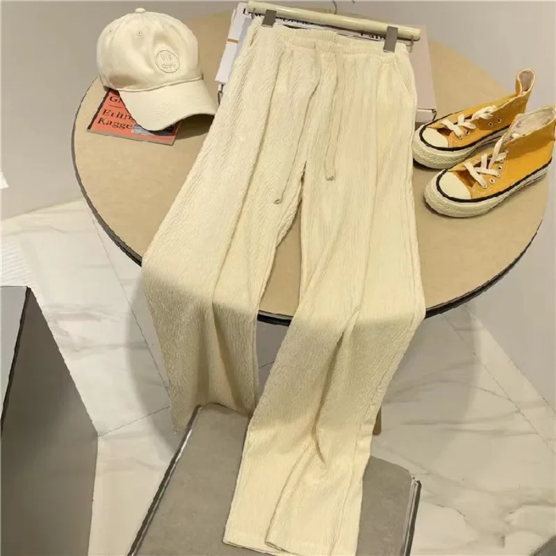 Calça plissada casual feminina, conforto simples, Harajuku, cintura alta, estilo coreano, literária, calças de perna larga, nova moda, primavera